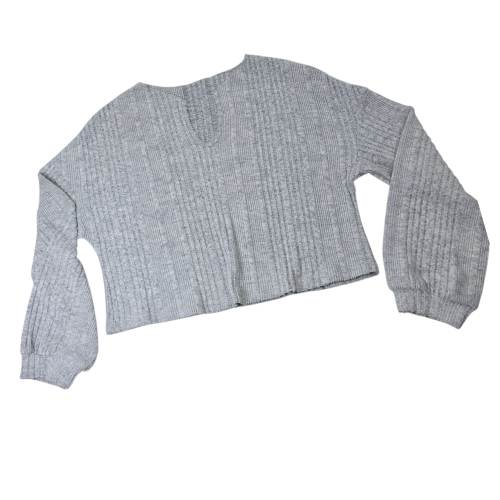 Gray Ribbed Knit‎ V Neck Cropped Balloon Sleeve Pullover Sweater XL